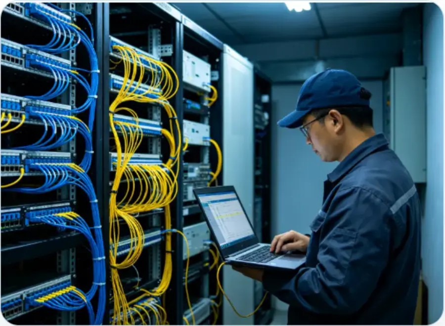 Network engineer working inside a data center